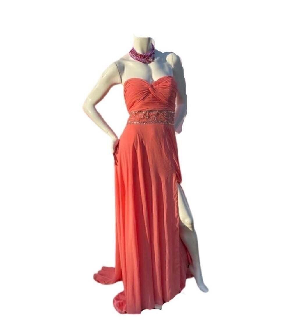 Tony Bowls Coral Strapless Ruched Chiffon Pageant Prom Gown Slit